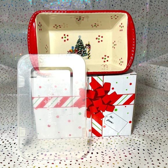 Temptations Other - Temptations "Old World" Christmas  Tree Ceramic Loaf Baking Dish & Plastic Lid